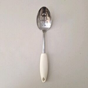 RARE Vintage PYREX Slotted Serving Spoon Stainless Steel White Handle 14"‎